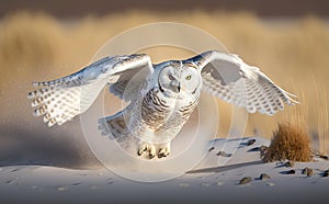 Snowy owl lifts off and flies low to hunt mice, in snow, blurred background, generative AI