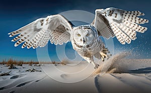 Snowy owl lifts off and flies low to hunt mice, in snow, blurred background, generative AI