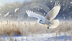 snowy owl in low flight in winter with snowfall