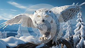 Snowy owl, majestic bird of prey, flying freely in winter generated by AI