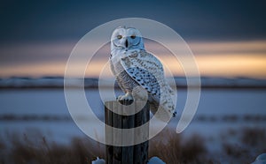 Snowy owl perch on a post, in snowy, particle in the air, generative AI