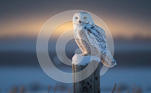 Snowy owl perch on a post, in snowy, particle in the air, generative AI