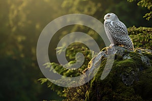 Snowy Owl perched on a moss-covered rocky outcropping overlooking a forest clearing