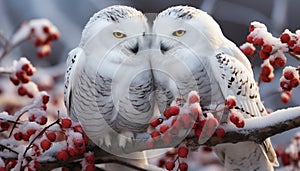 Snowy owl perching on branch, looking at camera with beady eyes generated by AI