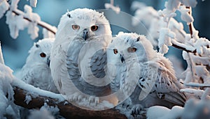 Snowy owl perching on branch, looking at camera in winter forest generated by AI