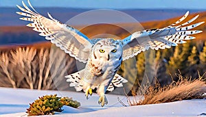 Snowy Owl raptor flying bird white barred