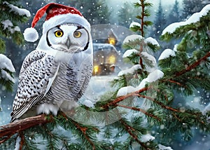 Snowy owl in Santa hat