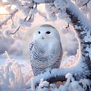 Snowy Owl sitting on a branch of a white cherry tree covered with snow, winter wallpaper, generative ai