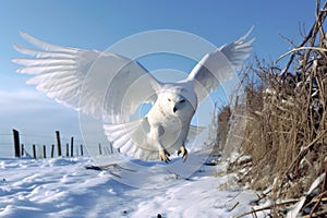 snowy owl taking off from a snow-covered ground, hunting