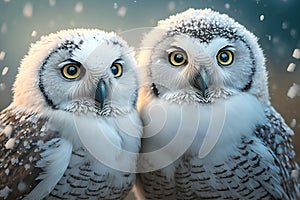 Snowy owls in the winter forest. 3D illustration.