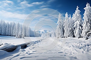 Snowy panorama Winter landscape featuring trees covered in glistening snow