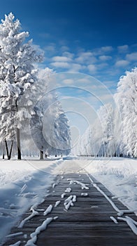 Snowy panorama Winter landscape featuring trees covered in glistening snow