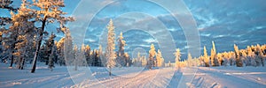 Snowy panoramic landscape, frozen trees in winter in Saariselka, Lapland Finland photo