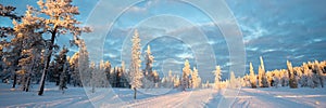 Snowy panoramic landscape at sunset, frozen trees in winter in Saariselka, Lapland Finland photo