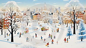 A snowy park with children building a snowman