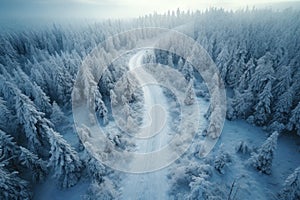 Snowy path in coniferous forest in winter, aerial drone view of white blue woods. Landscape with snow, road and frozen trees.
