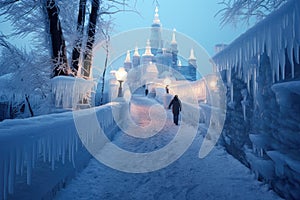 snowy path leading to an illuminated ice castle