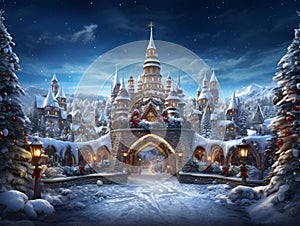 A snowy path leads to a fairytale castle in a winter wonderland with a Christmas enchanted landscape.