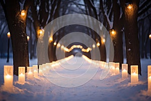 a snowy path lined with flickering candleholders