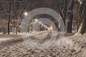Snowy Path Sidewalk Street Snowfall Lanterns Street Lamps Quiet Scene Peaceful City
