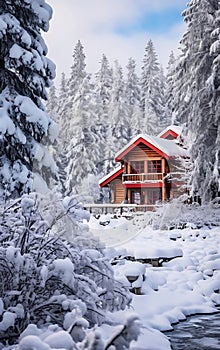 Snowy path to a rustic house in a winter forest, privacy and country vacation concept