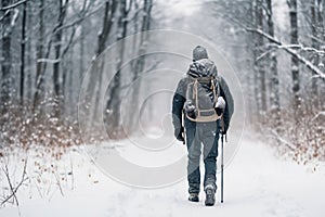 Snowy path in a winter forest, a lonely man with a backpack and a ski pole on a walk, rear view