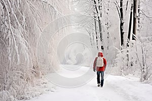 Snowy path in winter forest, lonely man with backpack on a walk among winter landscape, rear view