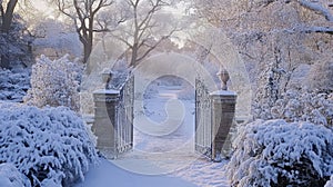 A Snowy Pathway Through an Open Gate in a Wintery Forest