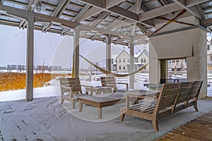 Snowy patio of a clubhouse in Daybreak Utah