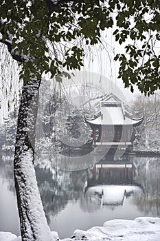 Snowy pavilion at West Lake, Hangzhou