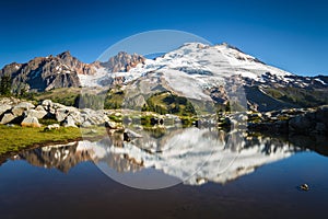 Snowy peak and lake