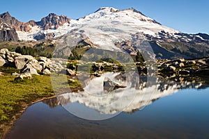 Snowy peak and a shallow lake