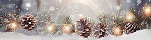 Snowy pine cones, fir branch and lights at Christmas. Generative AI