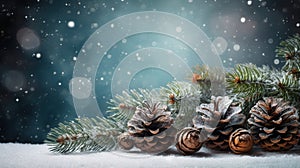 Snowy pine cones, fir branch and lights at Christmas. Generative AI