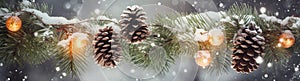 Snowy pine cones, fir branch and lights at Christmas. Generative AI