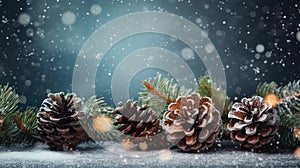 Snowy pine cones, fir branch and lights at Christmas. Generative AI