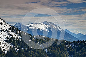 Snowy pine forest and peaks in Karavanke range Austria Slovenia