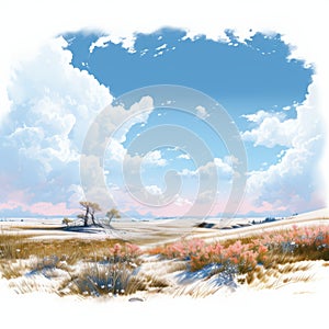 Snowy Prairie: A Romanticized View Of Blooming Flowers And Trees photo