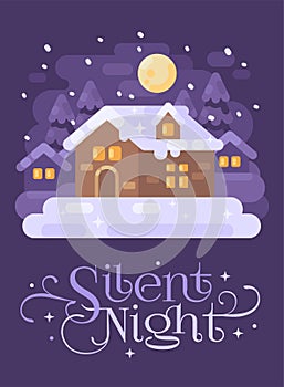 Snowy purple winter village landscape with a house. Silent Night Christmas flat illustration greeting card