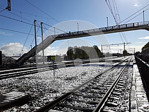 The snowy rail track in steenwijk, Netherland