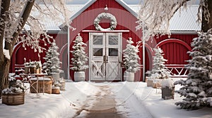 Snowy Red Barn, House or Shop Decorated for Christmas in a Beautiful Winter Snowy Scene. Generative AI