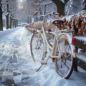 Snowy ride Vintage bike in winter, evoking a nostalgic ambiance