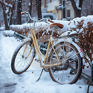 Snowy ride Vintage bike in winter, evoking a nostalgic ambiance