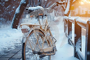 Snowy ride Vintage bike in winter, evoking a nostalgic ambiance