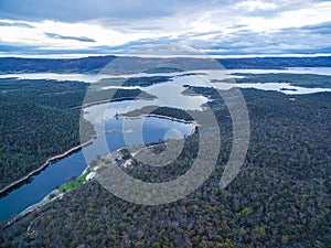 Snowy River and Lake Jindabyne aerial view. New South Wales, Australia