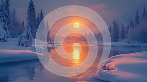 Snowy river sunset, winter forest, tranquil scene, postcard