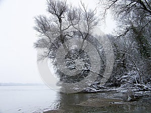 Snowy riverside of Duna river Hungary