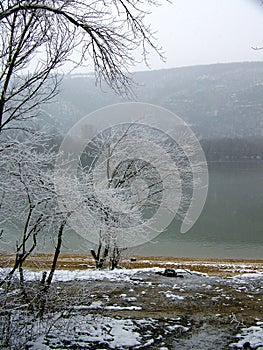 Snowy riverside of Duna river Hungary