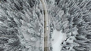 Snowy Road with a Car in the Forest