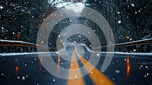 Snowy road through a dark forest at night